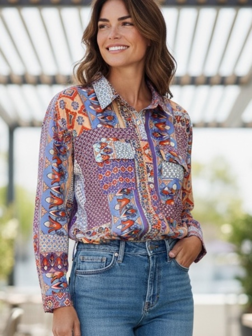 Fate Colorful Patchwork Print Button-Down Blouse NWT Small